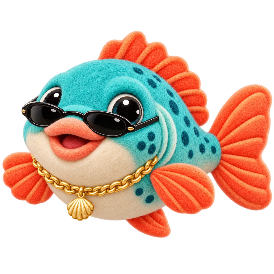 Groupy wearing sunglasses and a gold shell necklace
